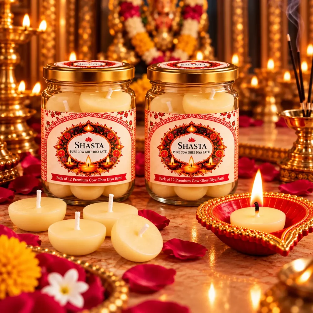 SHASTA Pure Cow Ghee Diya Batti – 2 Hours Burning Time (Pack of 24)